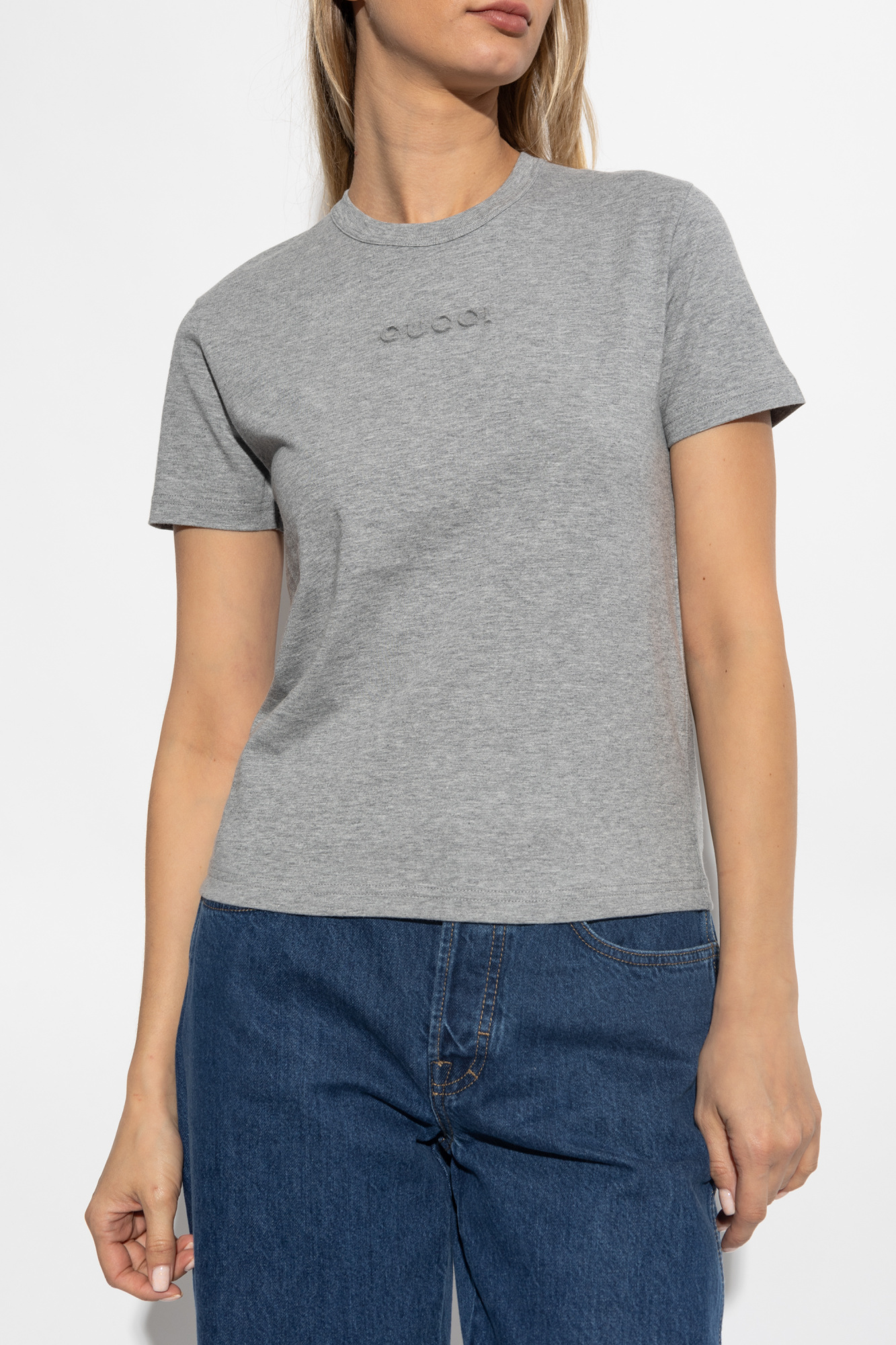 GUCCI Tシャツ グレー ☆GUCCI グッチ プリント コットンジャージー グレーTシャツ